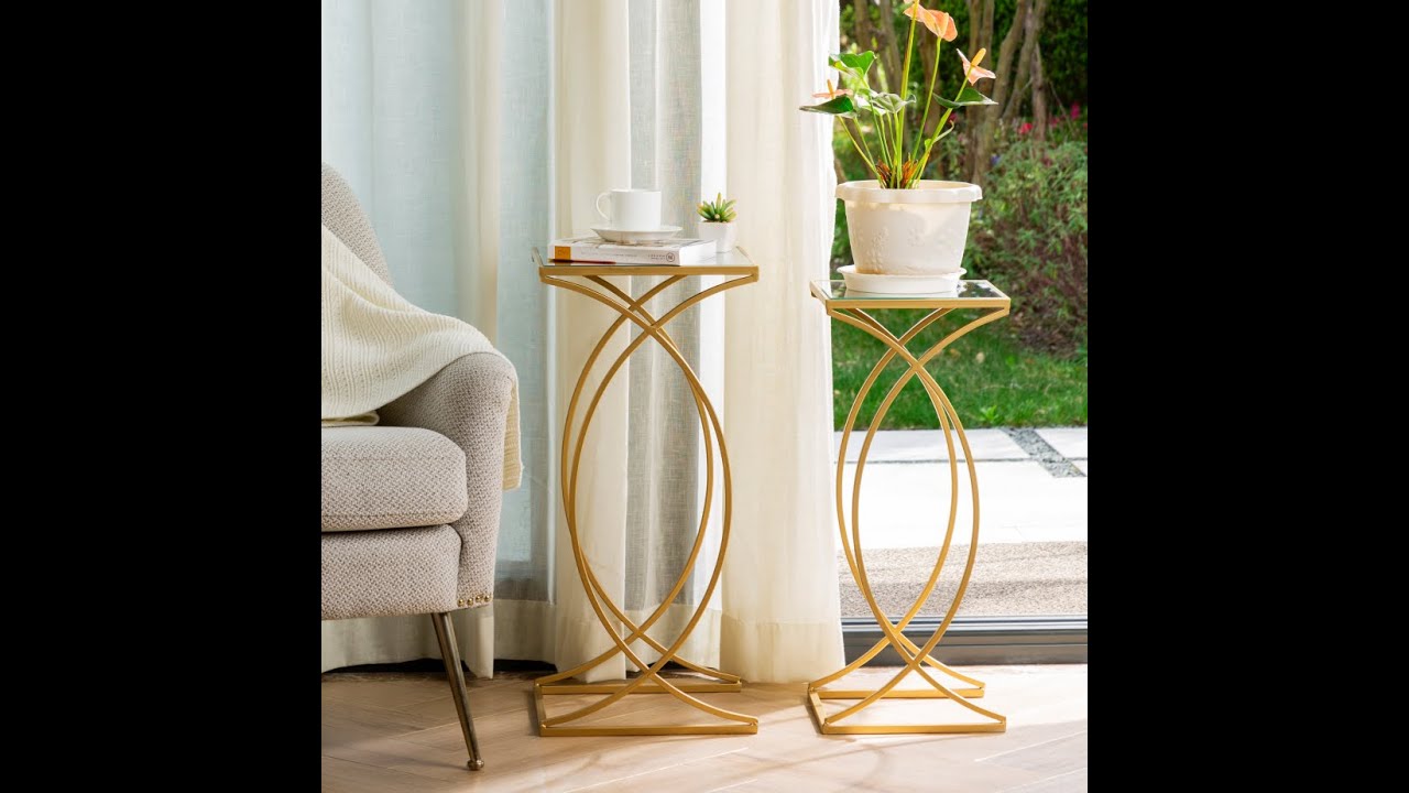 Glitzhome Metal Accent End Table/Coffee Table with Glass Top, 2 pcs