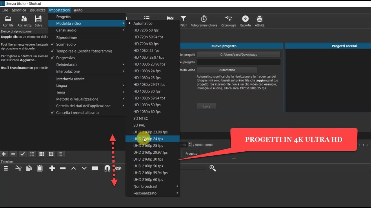Creare o editare video in 4K con Shotcut