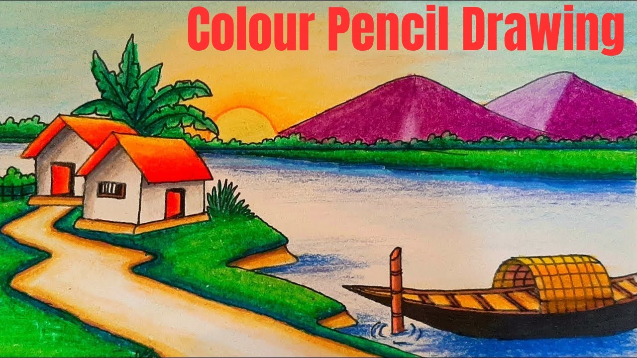 Landscape Scenary Drawing With Colour Pencil |Easy Drawing For Beginners|