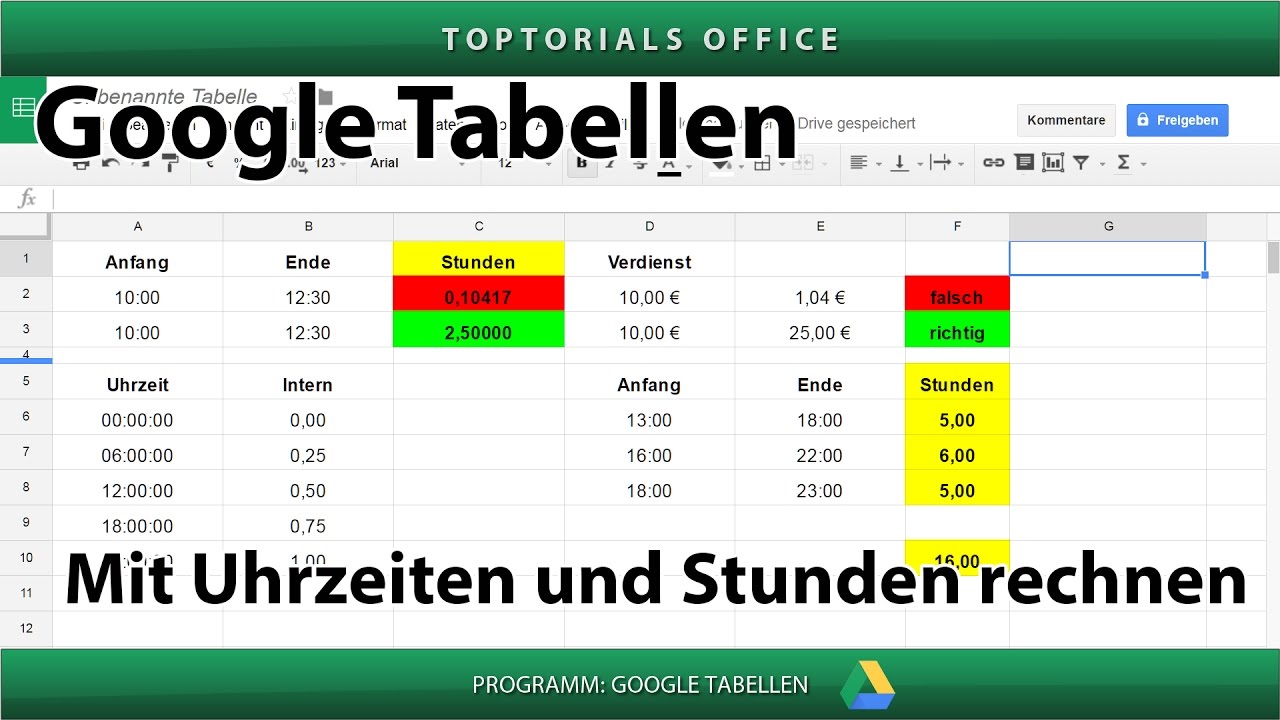 Mit Uhrzeiten und Stunden rechnen (Google Tabellen / Spreadsheets)