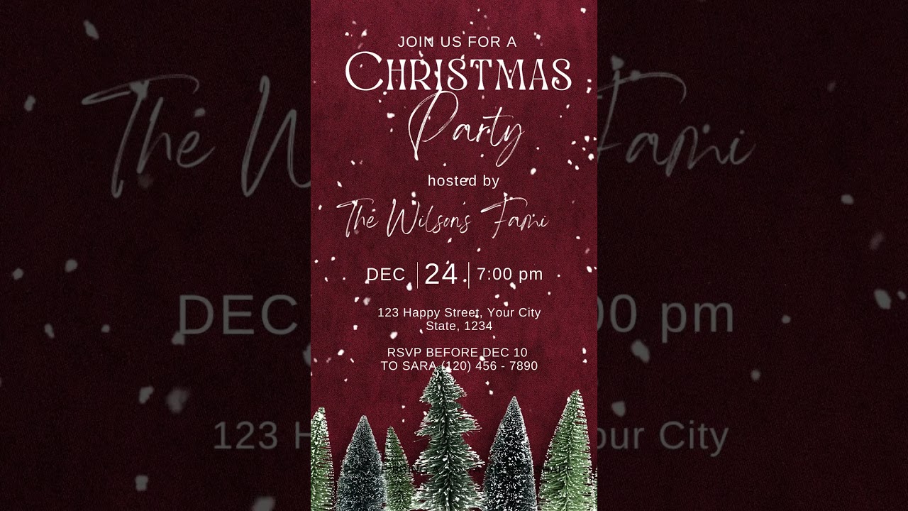 Red Christmas video Invitation template with Trees and snow  