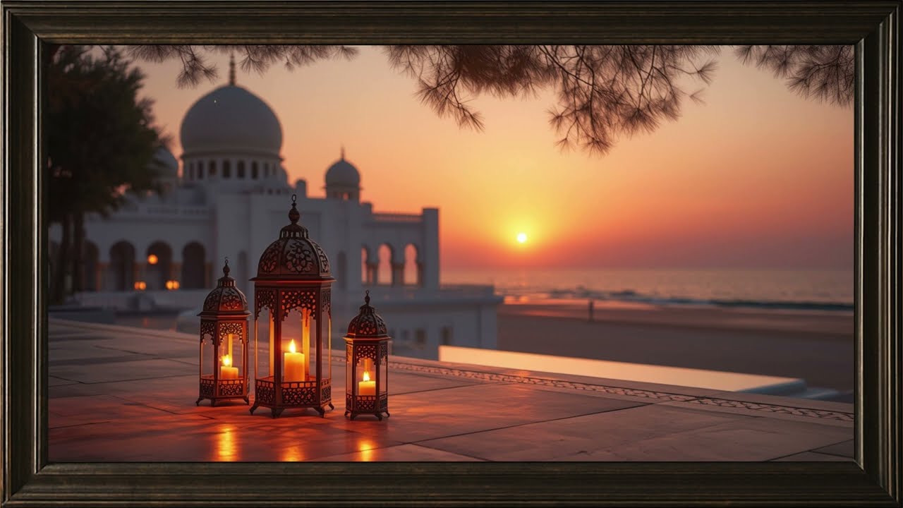 Ramadan Sunset Ambience | Luxury Mosque & Lantern Coastal Scene | 1 Hour Relaxing 4K TV Frame Art