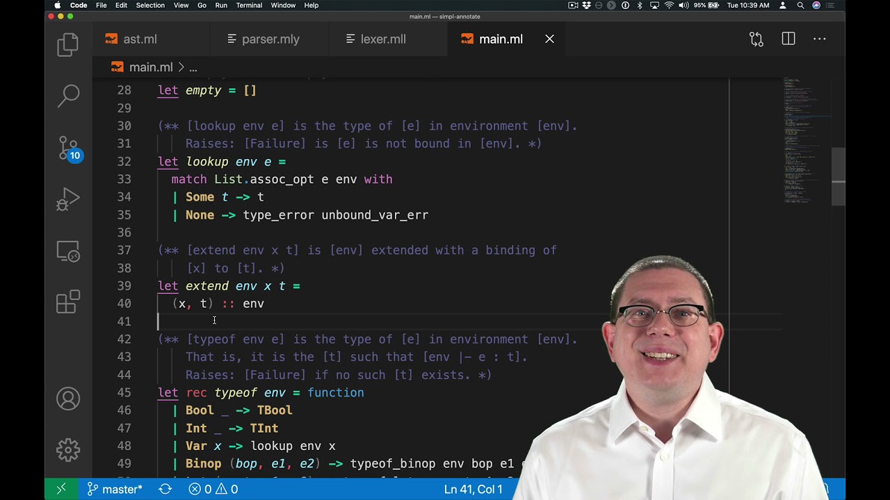 SimPL Type Checker Part 2 | OCaml Programming | Chapter 9 Video 35