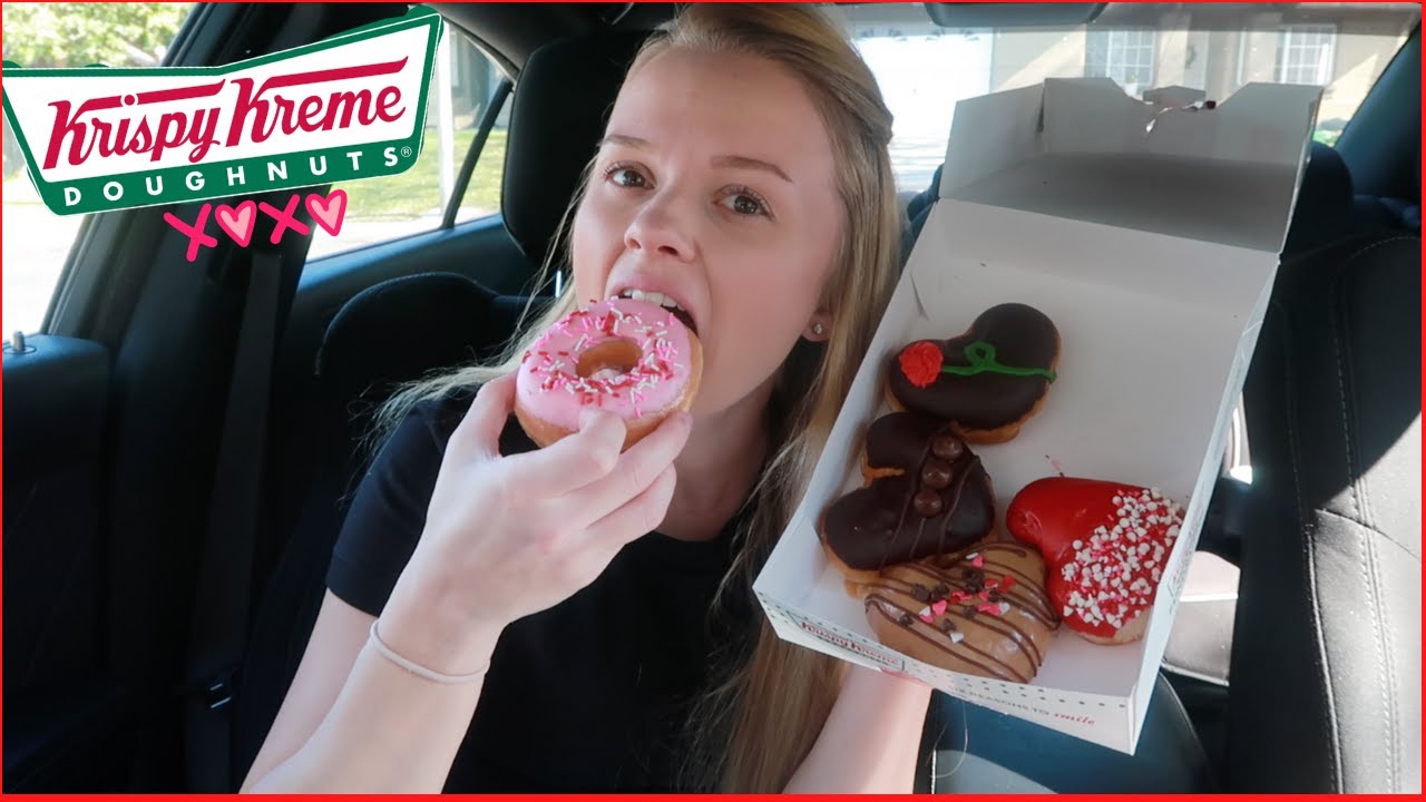 trying KRISPY KREME valentines day menu & their APPLE FRITTER for the first time