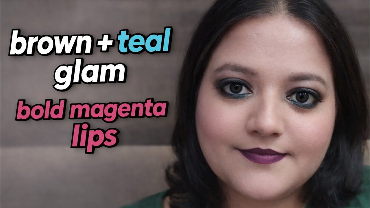 brown and teal eye makeup look | bold magenta lips