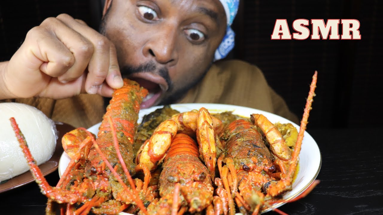 Mukbang Asmr LOBSTER Seafood,King Prawn Palmnut Soup & Pounded Yam.Most Viewed African Food Video