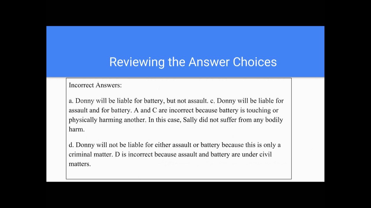 Business Law- Elements of Assault and Battery- Question 10