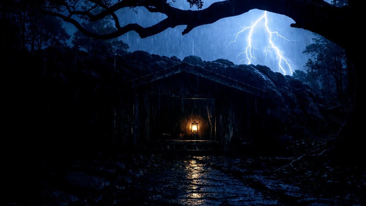⚡🌲Cozy Cabin Carved Into a Cliff | Intense Rain & Distant Thunder at Night”