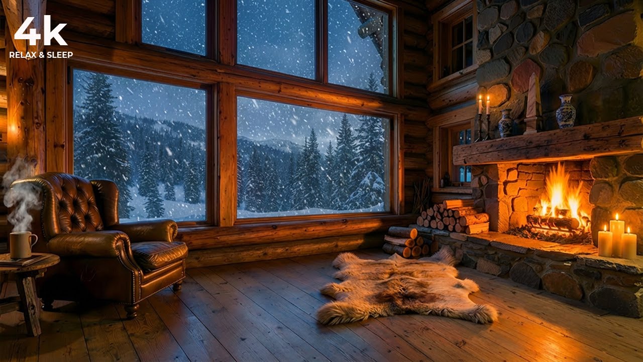 Cozy Winter Cabin Ambience ❄️ Heavy Blizzard & Crackling Fireplace Sounds for Sleep (10 Hours)