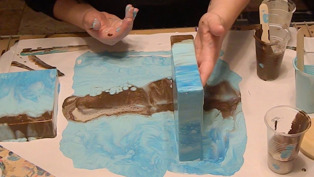 (27) Four Canvas Dip Technique with Acrylic Pour, Turquoise, Blue and Brown