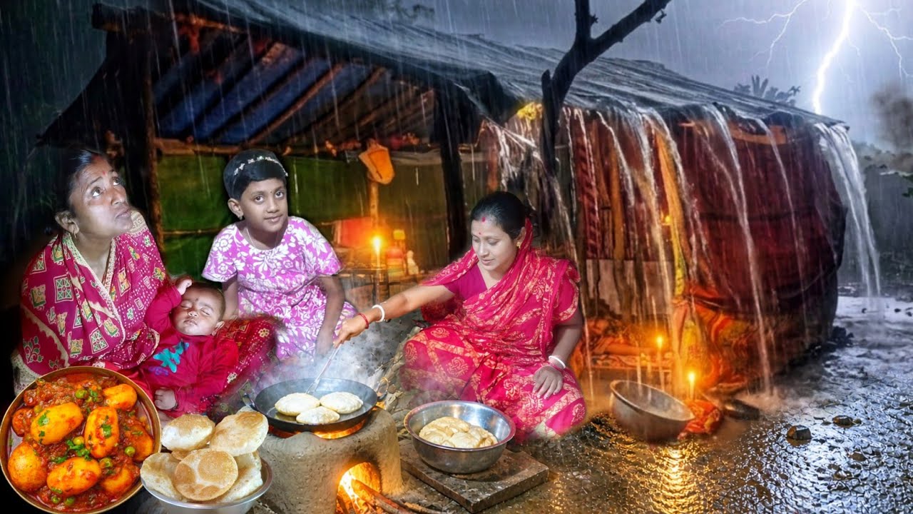 HEAVY RAIN & STORMY NIGHT: Cozy Village Night & Traditional Cooking! Stormy Night in Village