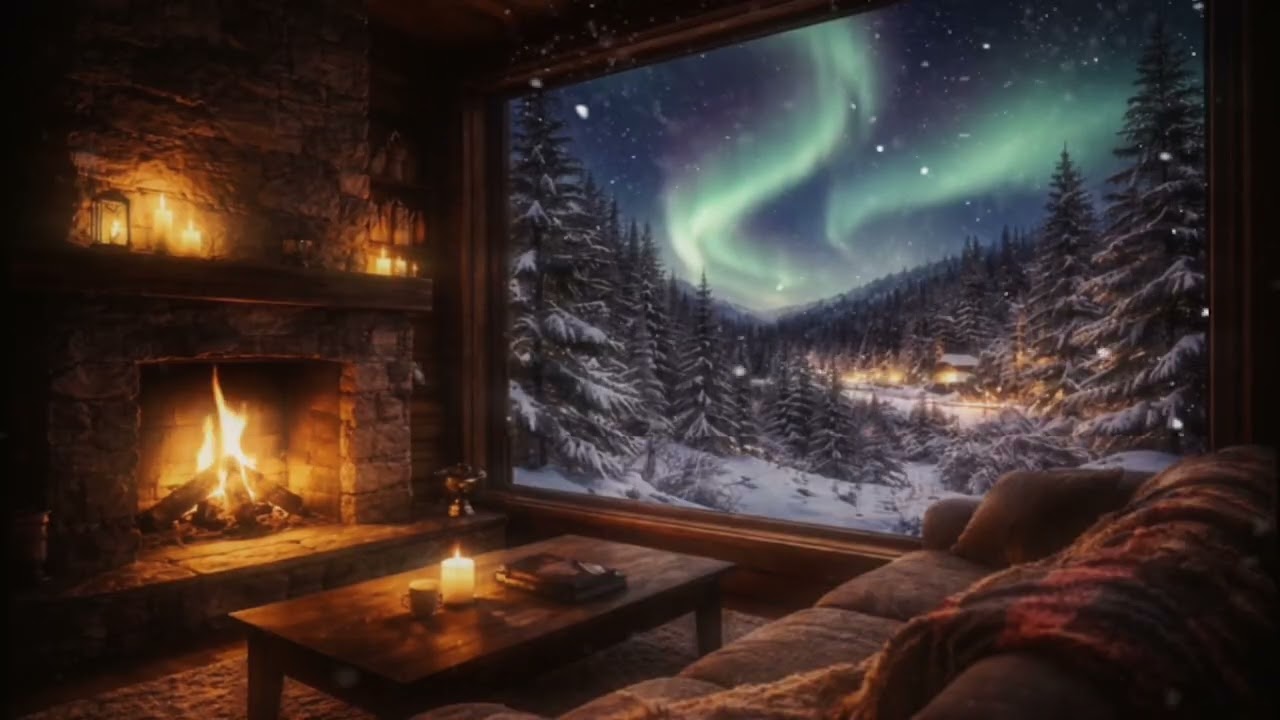 3 Hours Cozy Cabin Fireplace in 4K ❄️ Aurora Borealis, Cold Wind & Soft Night Birds