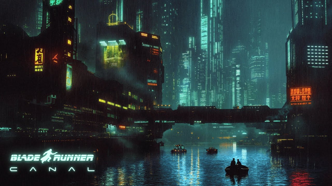 Blade Runner Canal: Peaceful Cyberpunk Ambience | DEEP Focus & Sleep Ambient Music + Rain [2 HOURS]
