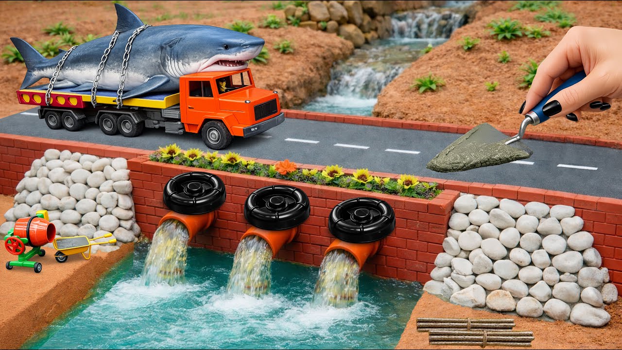 DIY a Mini Brick & Concrete Bridge with 3 Water Valves for Heavy Trucks After the Storm