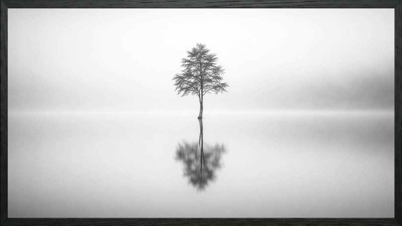 Solitary Tree Reflection in Mist | Black & White Wall Art for TV 4K