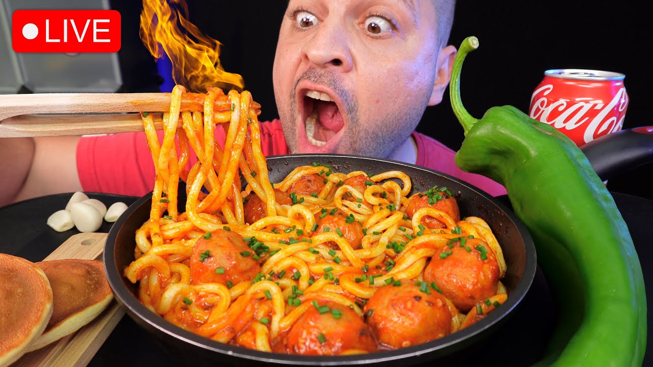 🔴LIVE - MUKBANG Udon Spicy 🔥 Fire Noodles & MeatBalls ASMR