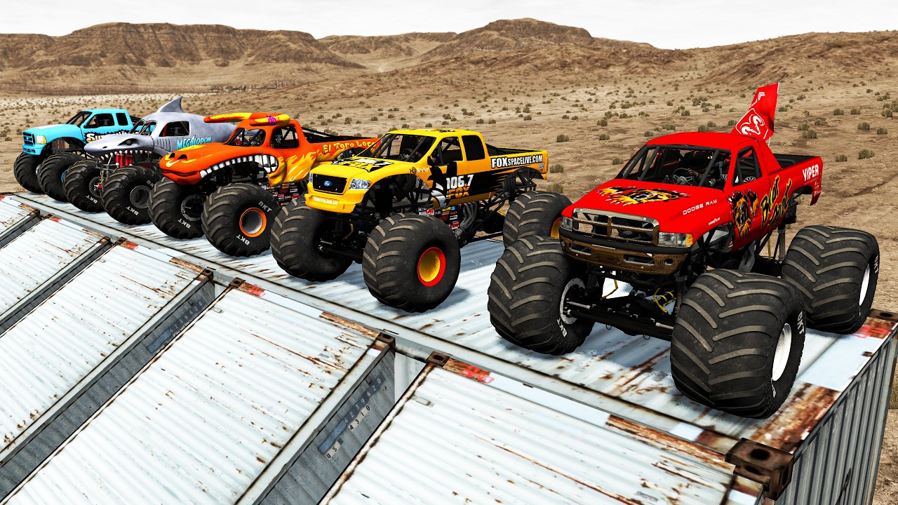 Monster Truck Double Flatbed Trailer Train with Color Slide | Beamng.drive #1