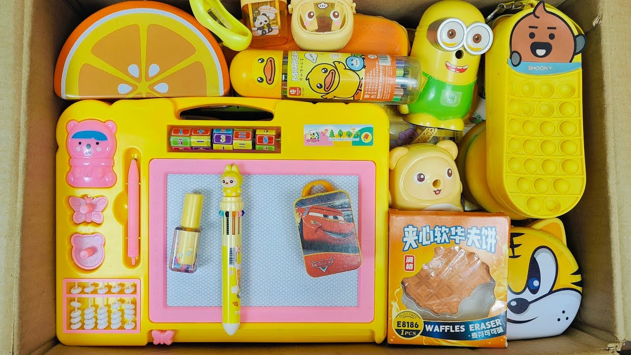 Unboxing Cute Yellow Stationery📚Writing Board, Minious Sharpener PiggyBank, Dairy, Pen, Geometry Box