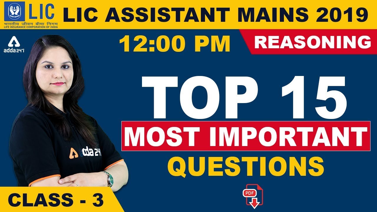 LIC Assistant (Mains) 2019 | Reasoning | Top 15 Important Questions