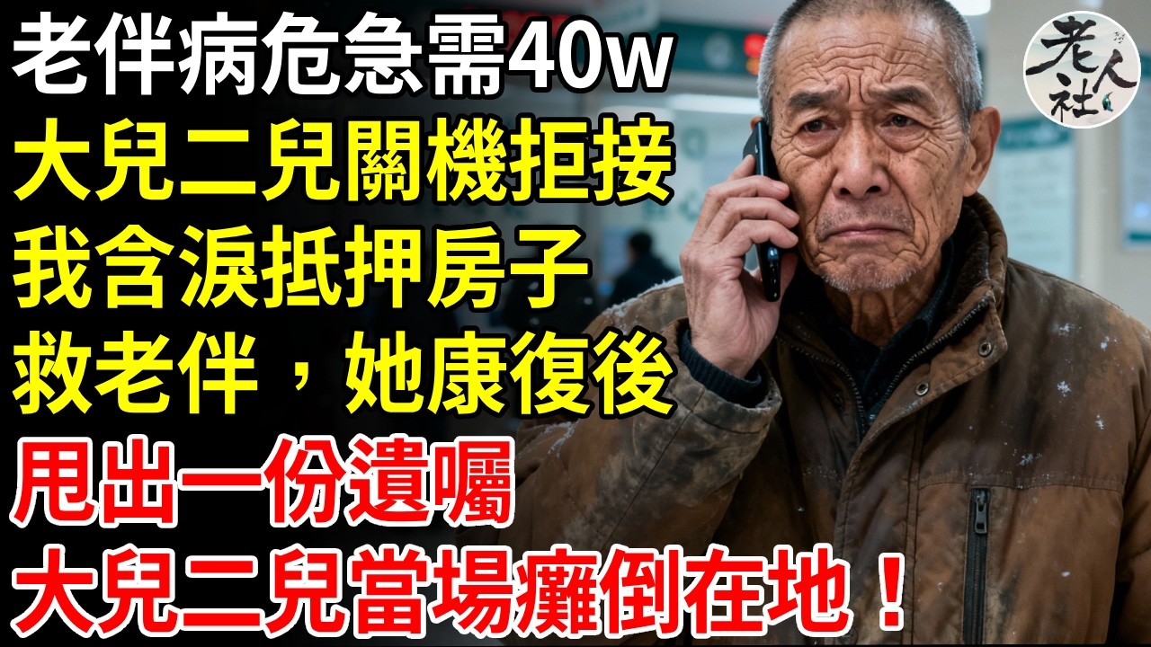 妻子病危急需40萬，大兒二兒關機拒接，我含淚抵押房子救妻子，妻子康復後，甩出一份遺囑，大兒二兒當場癱倒在地！ #退休金#不肖子孫#老年生活#老人社