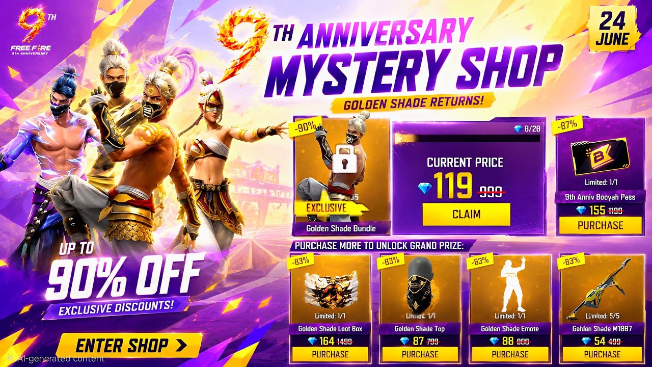 9th Anniversary Mystery Shop Free Fire 🔥 Golden Shade Return🤩| Free Fire New Event | FF New Event