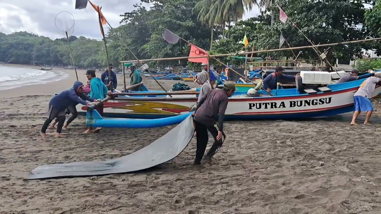 Proses nelayan menyandarkan perahu di pantai batukaras