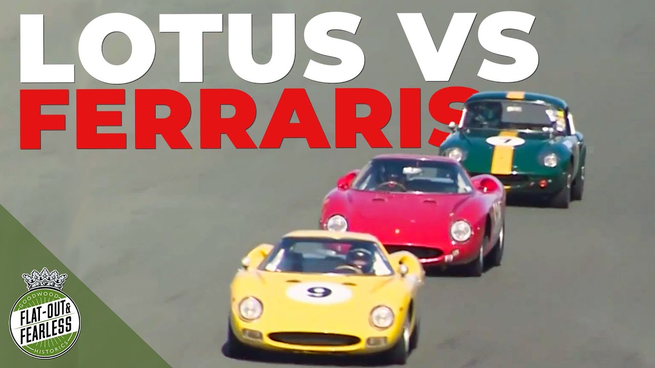 Маленький Lotus Elan 26R обгоняет два Ferrari 250 LM в Сономе