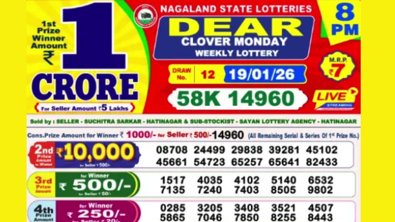 DEAR CLOVER MONDAY WEEKLY LOTTERY TODAY RESULT 8 PM 19/01/25