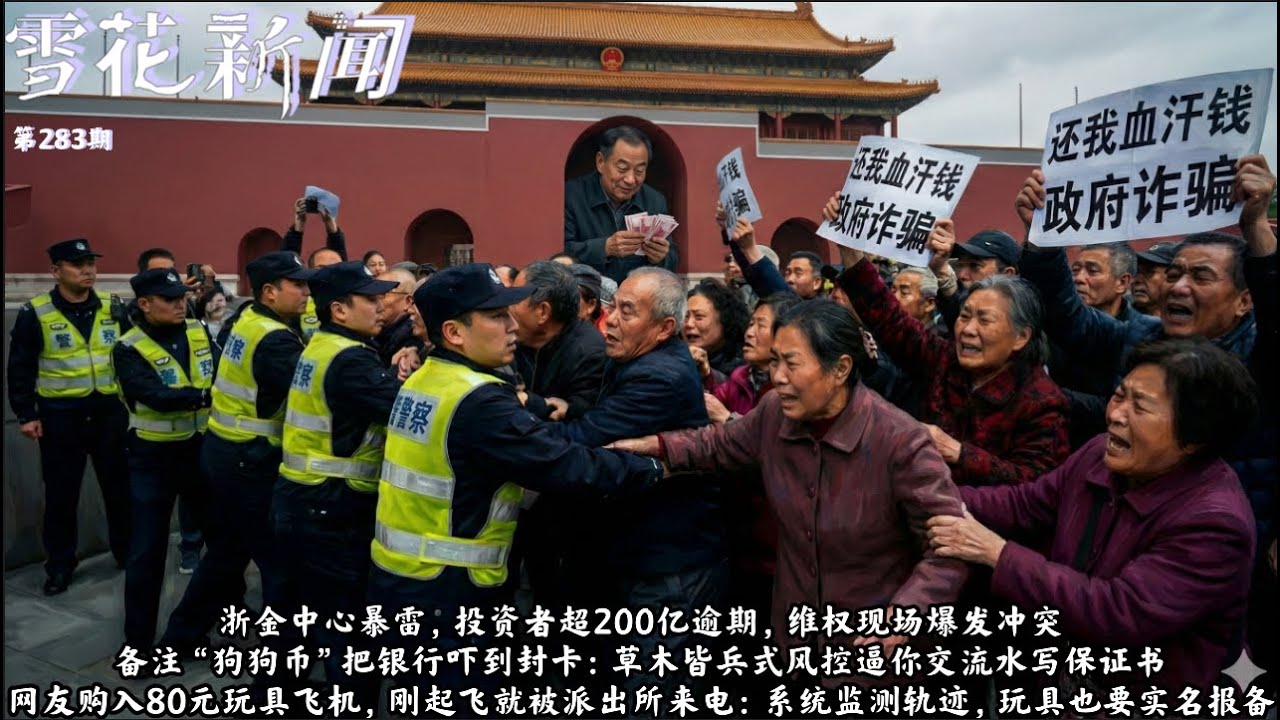 浙金中心暴雷，投资者超200亿逾期，维权现场爆发冲突。备注&ldquo;狗狗币&rdquo;把银行吓到封卡：草木皆兵式风控逼你交流水写保证书。网友购入80元玩具飞机，刚起飞就被派出所来电，玩具也要实名报备雪花每日新闻】