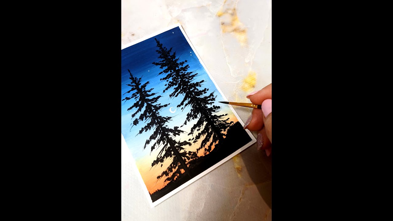 Sunset 🌄 pine trees painting | Gouache