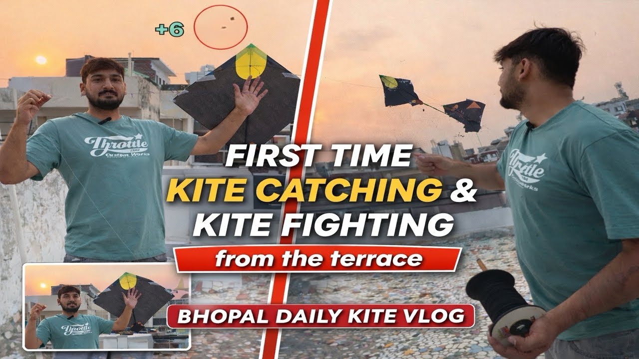 FIRST time Kite catching & Kite fighting from the terrace full on masti 🪁 #bhopal #kiteshop #patang 