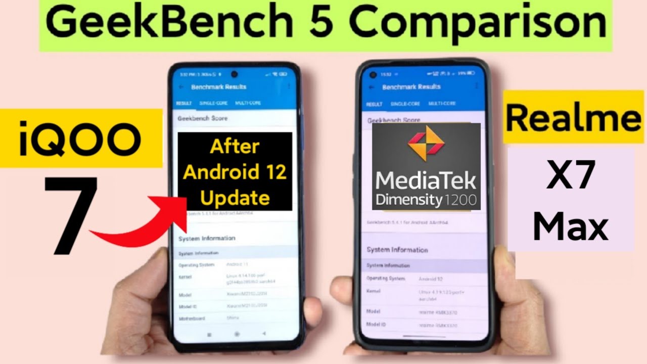 iQOO 7 vs Realme X7 Max GeekBench 5 Comparison After Android 12 Update 🔥🔥🔥