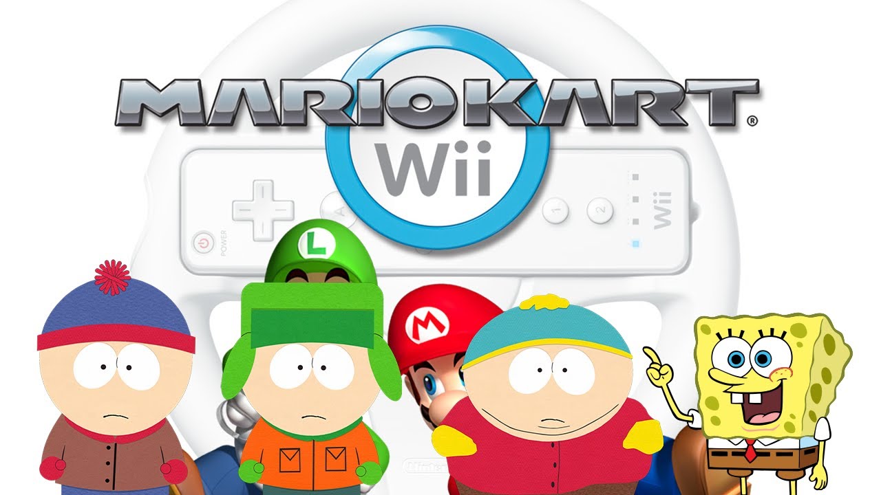 Банда из Южного Парка и Губка Боб Квадратные Штаны играют в Mario Kart Wii.