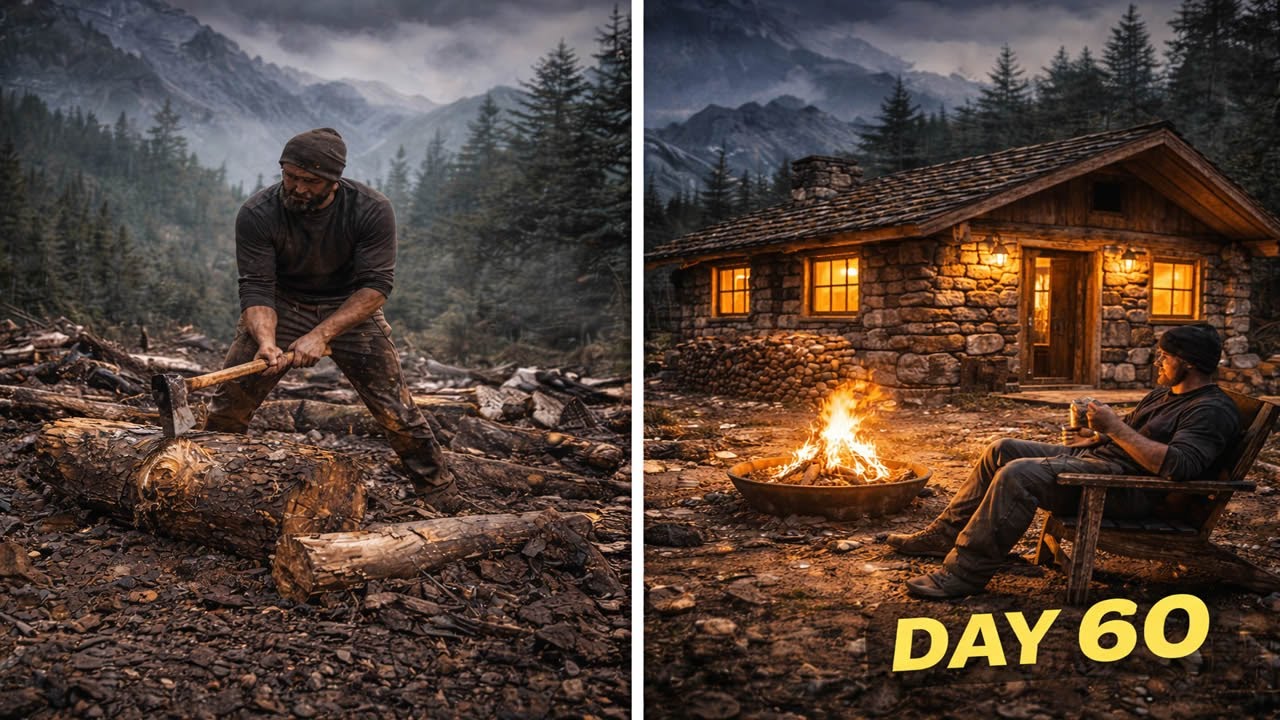 60 Days Alone in the Mountains 🏔️ Building a Log & Stone Home 🔥 (Full Build)