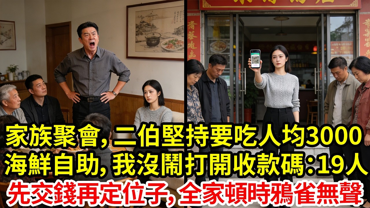 家族聚會，二伯堅持要吃人均3000海鮮自助，我沒鬧打開收款碼：一共19人先交錢再定位子，全家頓時鴉雀無聲#為人處世#情感#情感故事#小說#生活經驗#女性成長