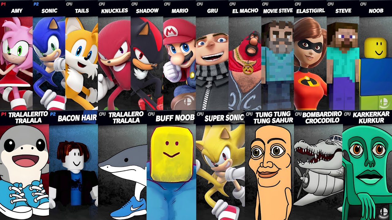 Sonic vs Mario vs Roblox vs Minecraft vs Brainrot vs Sahur vs Steve in Super Smash Bros Ultimate