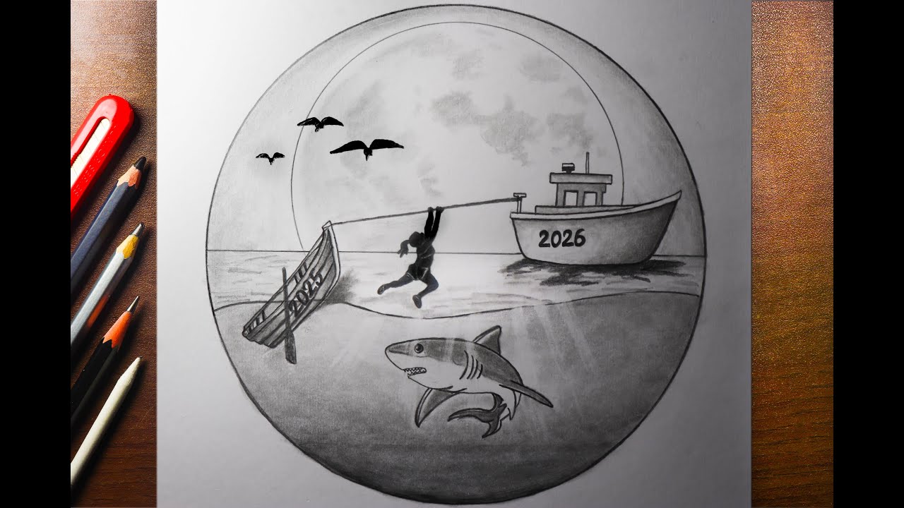 Circle Sea scenery drawing /Circle drawing /draw Sea Scenery Very Easy / How To Draw a Sea Scenery