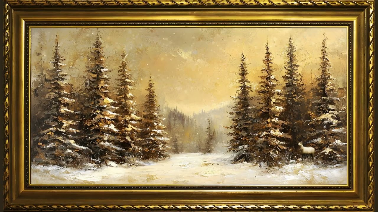 Vintage Snowy Pine Trees, Golden Winter Oil Painting | Framed Christmas TV Art Screensaver
