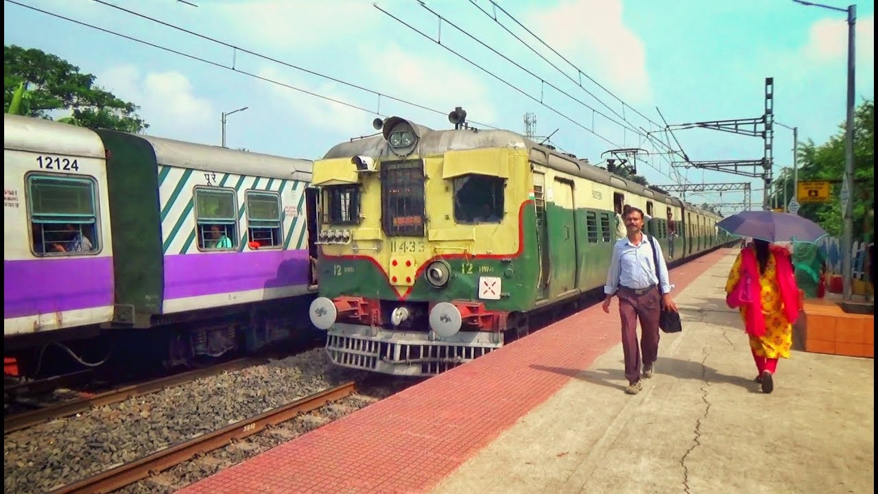 Purple EMU train crosses old Green EMU train | Eastern Railway | Indian Railways