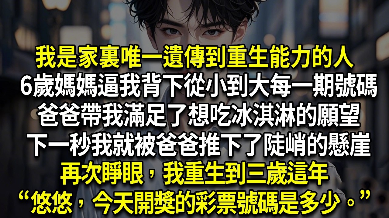 我是家裏唯一遺傳到重生能力的人6歲媽媽逼我背下從小到大每一期號碼爸爸帶我滿足了想吃冰淇淋的願望下一秒我就被爸爸推下了陡峭的懸崖再次睜眼，我重生到三歲這年“悠悠，今天開獎的彩票號碼是多少。”
