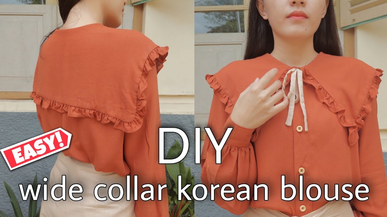 Cara membuat baju korea kerah rebah || how to make wide collar korean blouse | peter pan collar EASY