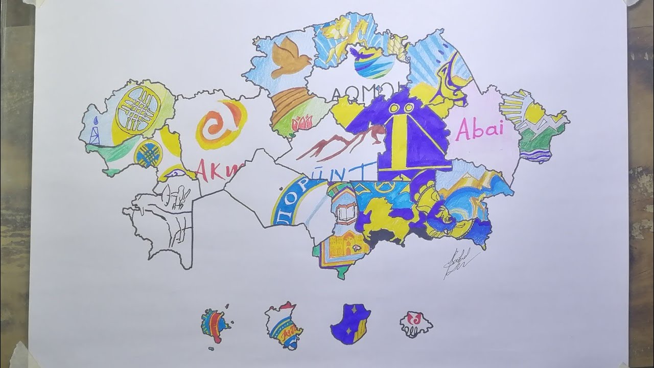 Drawing Kazakhstan Regions flag map | Қазақстан облыстарының ту картасы