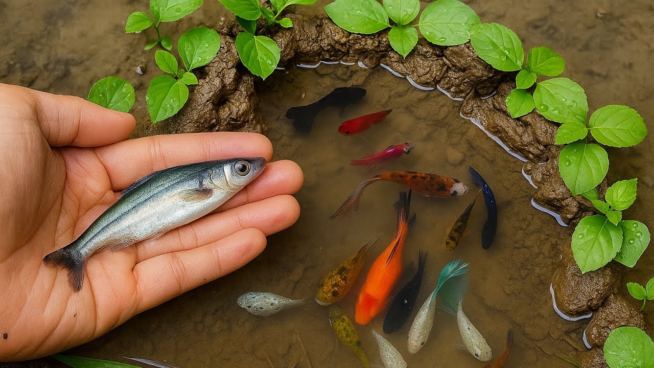 Surprised Catch Colorful Aquarium Fish In Small Pond, Carp, Pencil Dish, Glass Fish, Guppy, Koi Fish