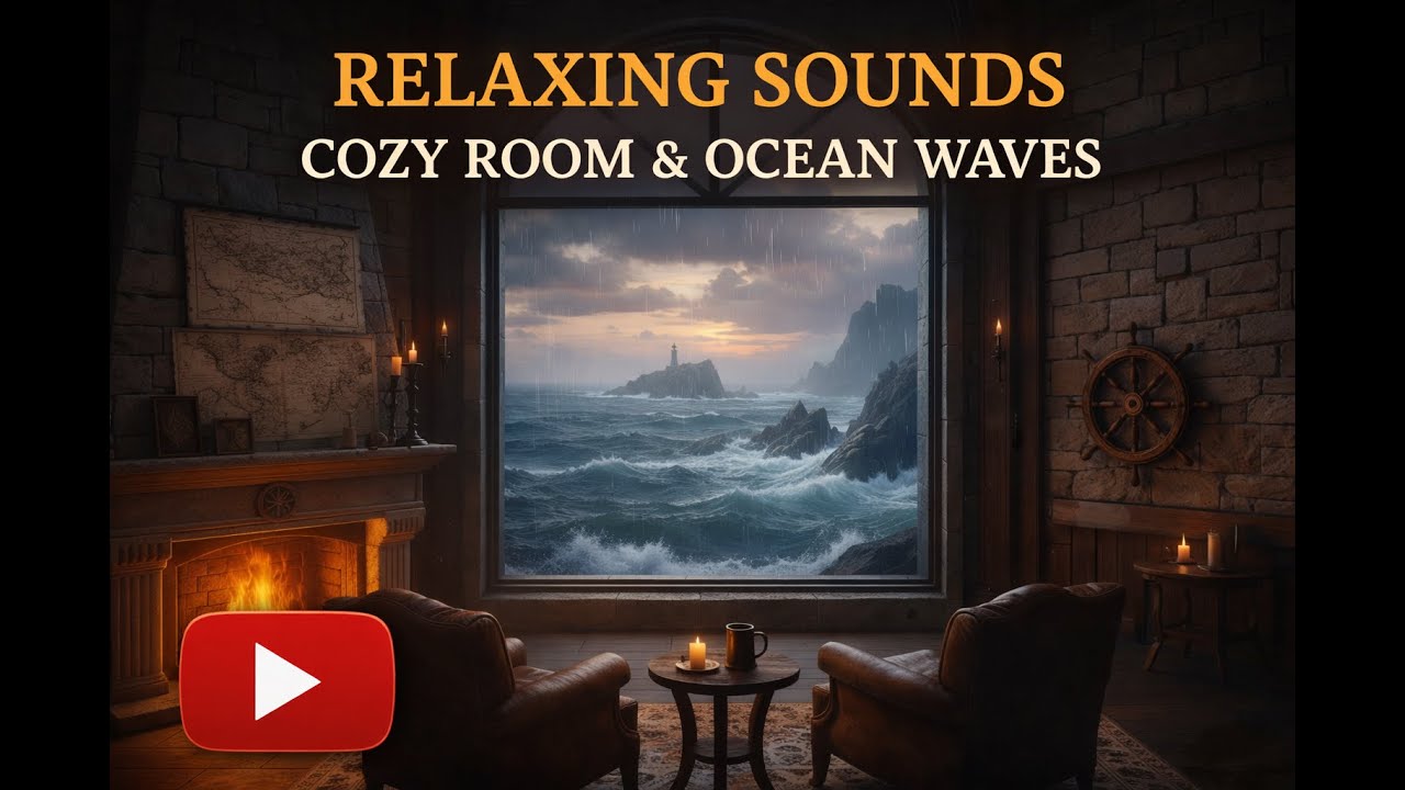 Cozy Room + Ocean Storm • Rain, Waves & Fireplace Ambience for Sleep or Study (30 min)