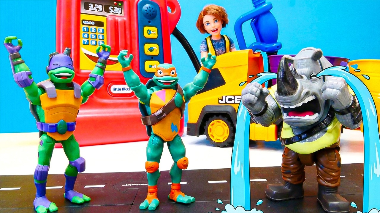 Ninja Kaplumbağalar Kene’ye yardım ediyorlar: Rocksteady ondan yakıt çalıyor! Çocuk videoları.