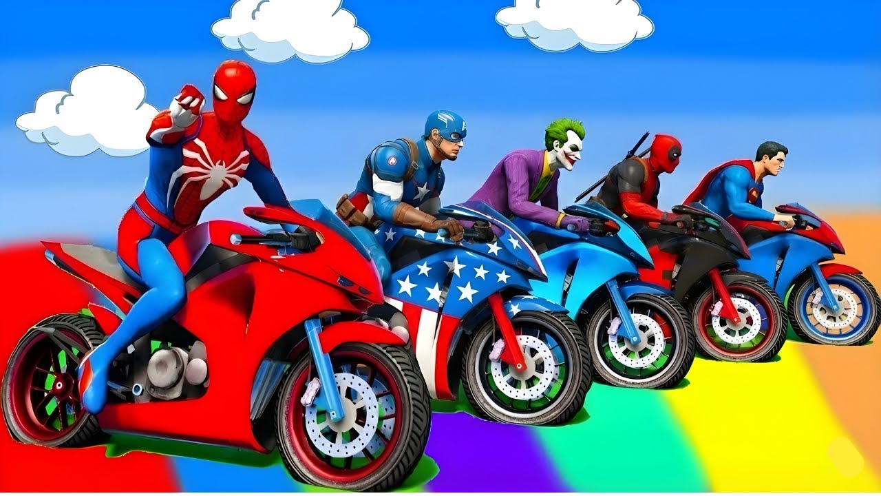 الأبطال الخارقين على دراجة نارية - Superheroes on a motorcycle against spiders with sharks GTAV