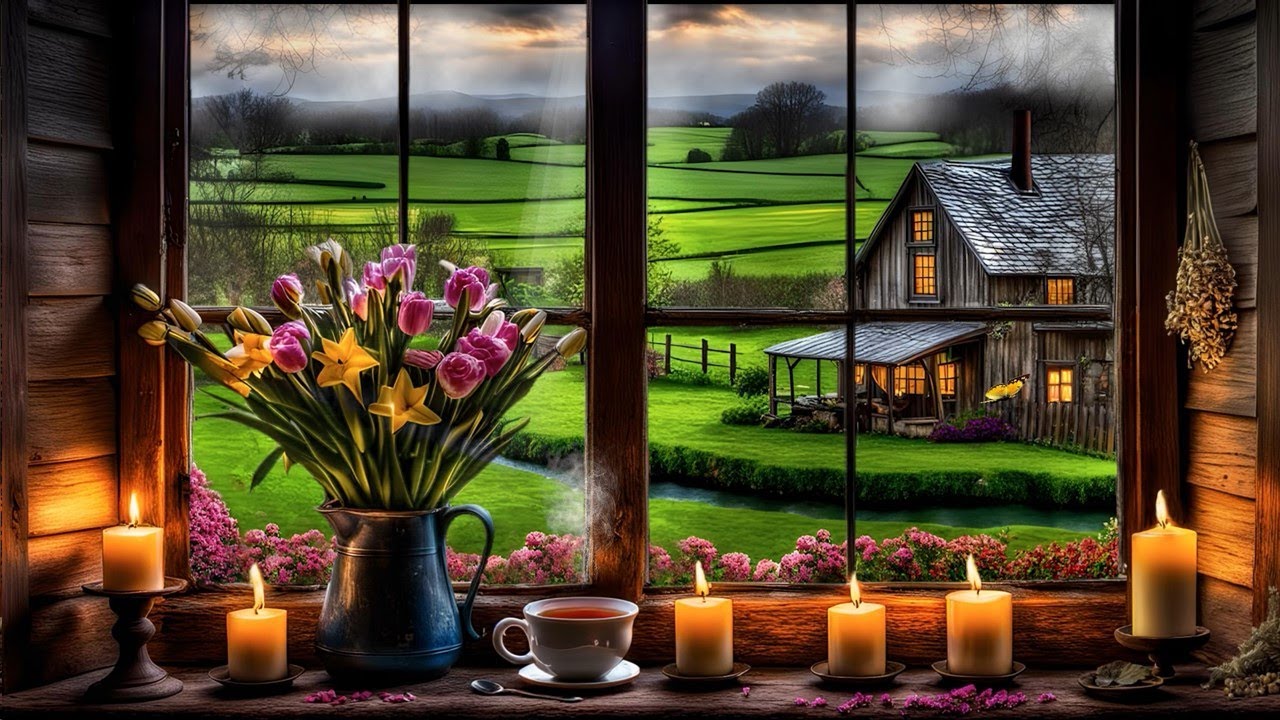 SPRING TIME FARM WINDOW AMBIENCE-COZY NOOK-CANDLE GLOW-BUTTERFLY-BIRD SONGS-MAKING A CUP OF TEA ASMR