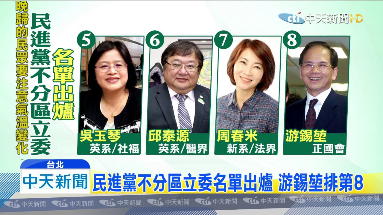 20191114中天新聞　民進黨不分區立委名單出爐　游錫堃排第8