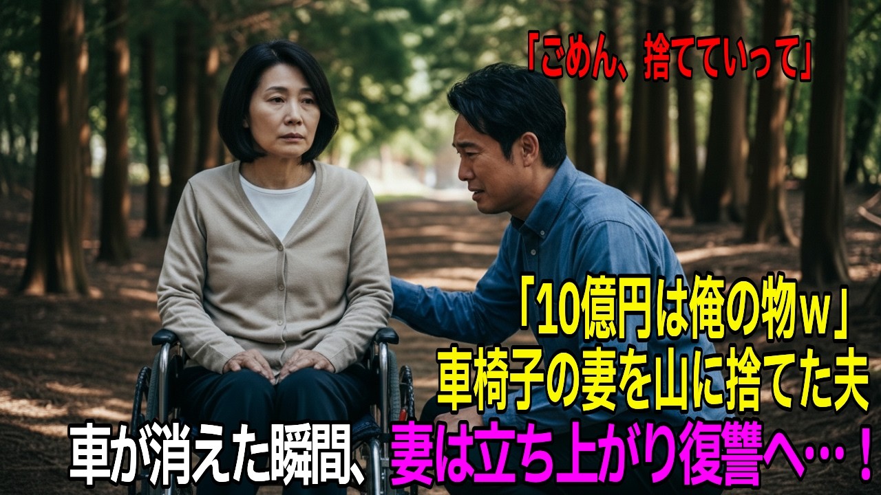 【朗読】言葉も話せない車椅子の妻を深い山奥に捨て、愛人とタワマンで祝杯をあげるクズ夫。「これで10億円の財産は俺のものｗ」→しかし夫の車が消えた瞬間、私は車椅子から立ち上がり…