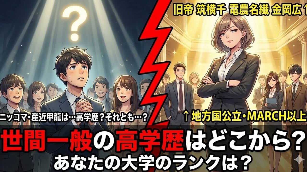 【世間一般の高学歴はどこから？】日東駒専は高学歴？　旧帝 電農名繊 早慶 MARCH 関関同立　高学歴 学歴 就活 大企業　難関大 高収入 年収 国立大 私立大 受験　大学　慶應 早稲田 ワカッテtv